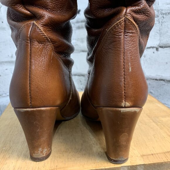 Vintage 70s Slouch Boots 38 US 7.5 Cognac Leather Retro Boho Knee High Mid Heel - Picture 7 of 15